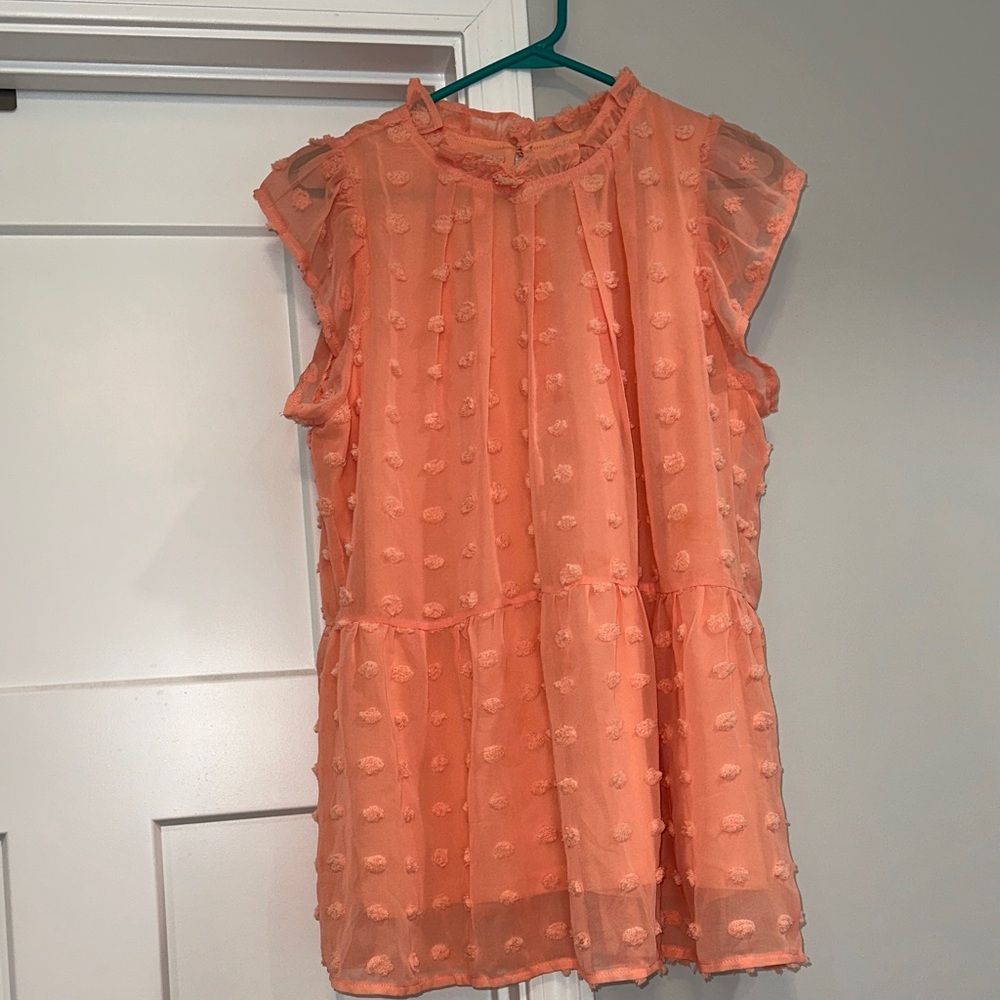 Sheer Flutter Sleeve Swiss Dot Blouse - Coral